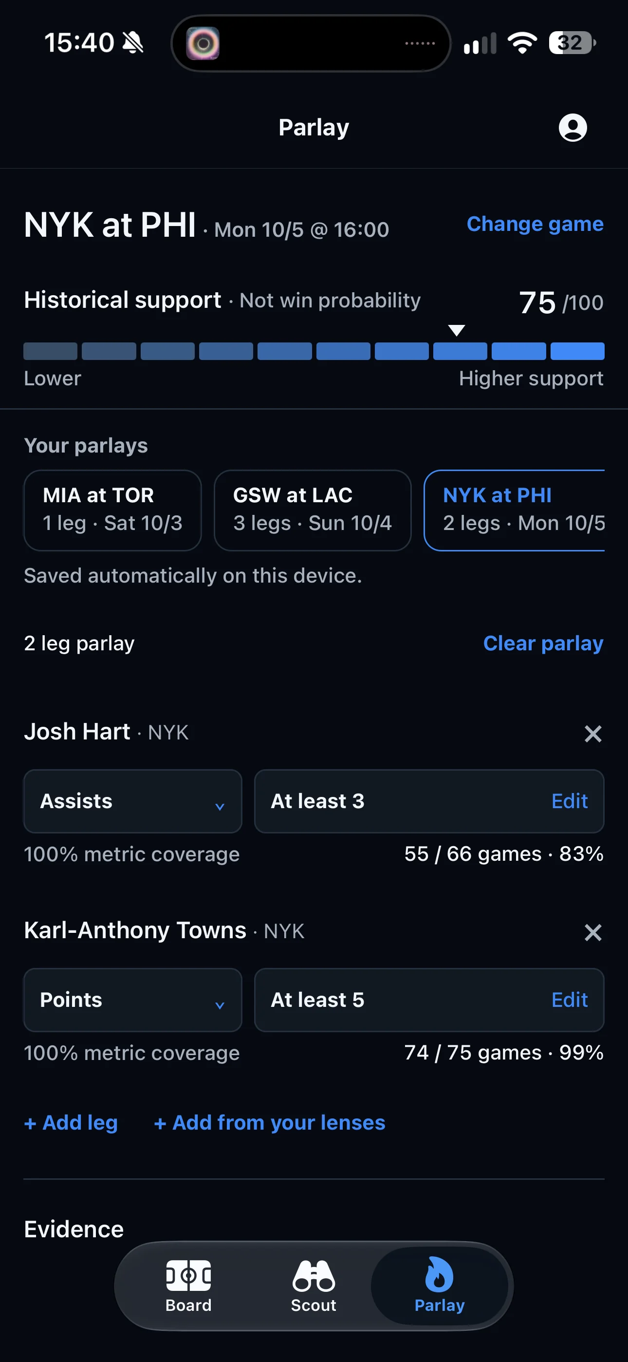 A two-leg New York at Philadelphia parlay with Josh Hart assists, Karl-Anthony Towns points, and historical support of 75 out of 100, not win probability.