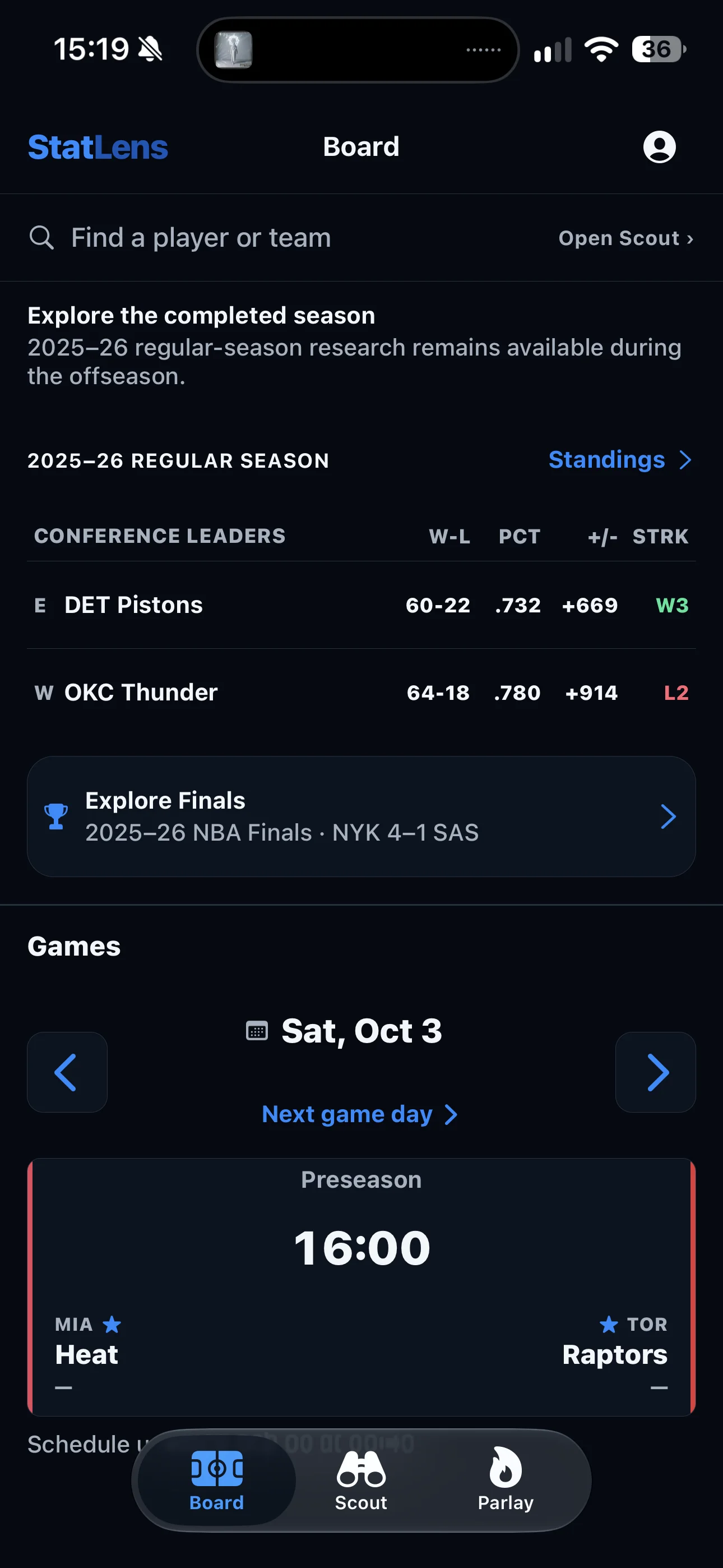 The Board shows conference leaders, Explore Finals, and an upcoming Miami at Toronto preseason matchup.